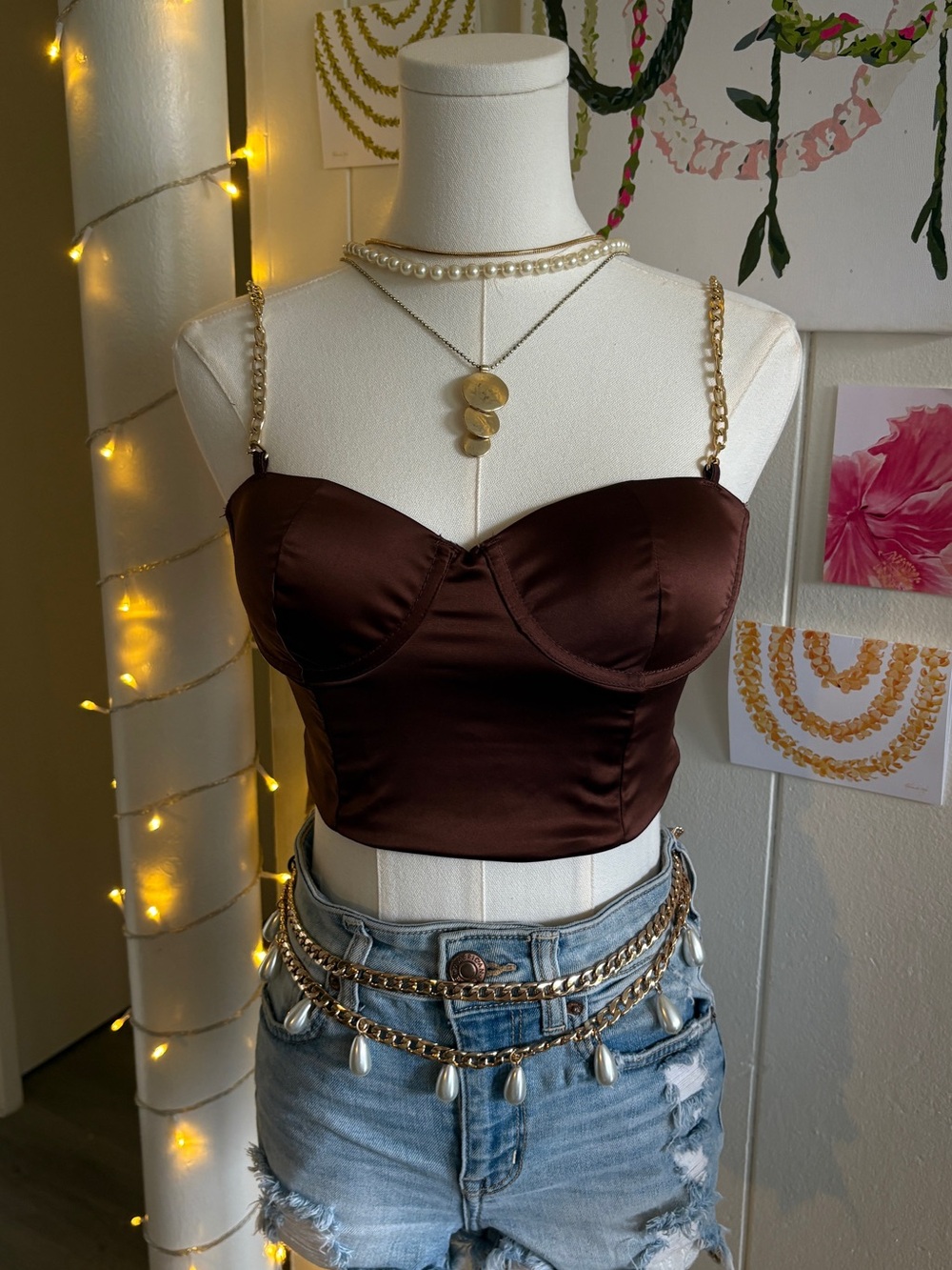 Brown Satin Crop Top with Gold Chain Straps